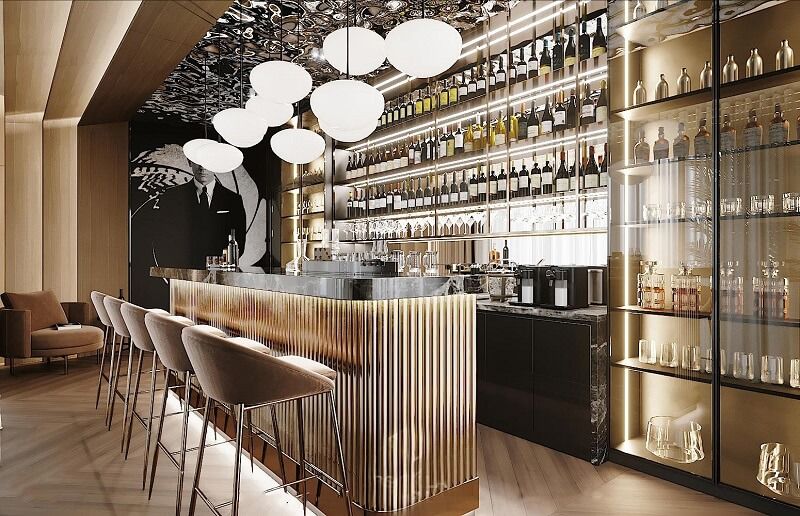 Quầy bar phong cách luxury với mặt đá marble và kim loại mạ vàng