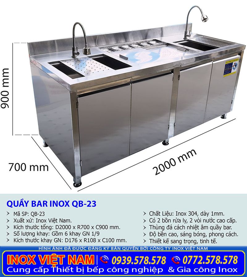 Kích thước quầy pha chế trà sữa inox 2m qb 23 1