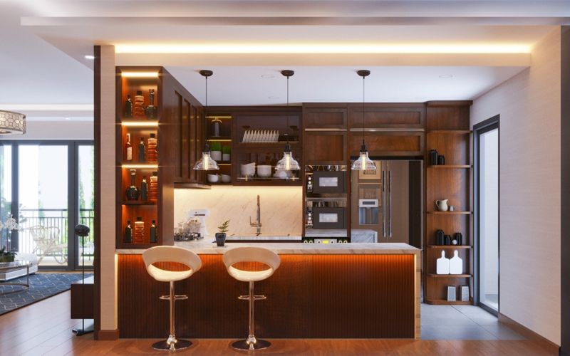 Tủ bếp nối liền quầy bar mini